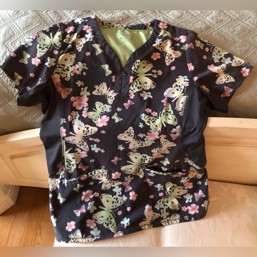 Premier Healing Hands Butterfly Print Women’s Scrub Top